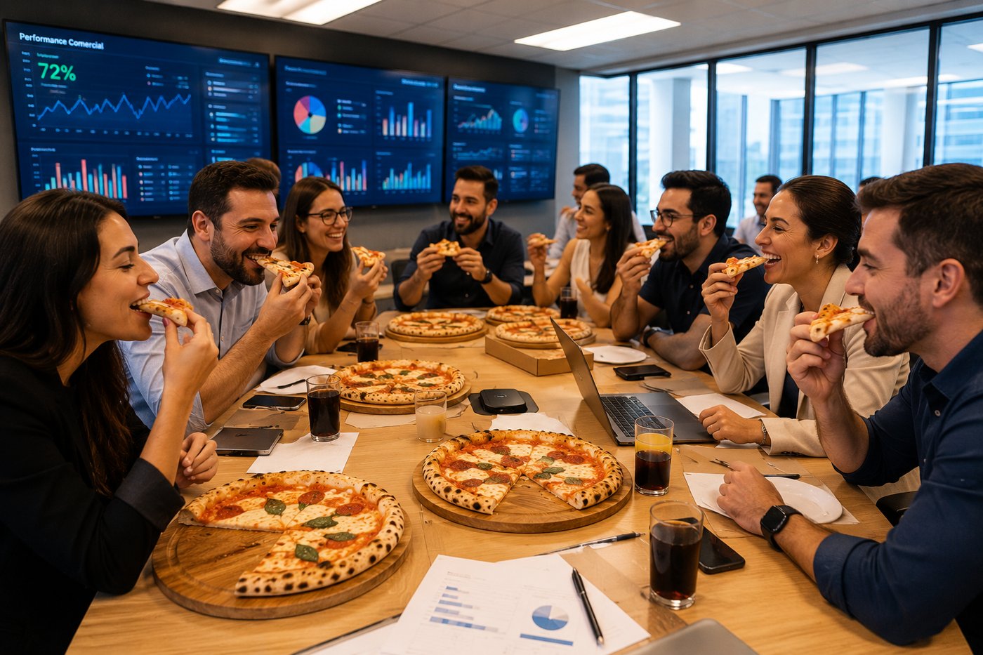 Equipe comendo pizza em confraternização