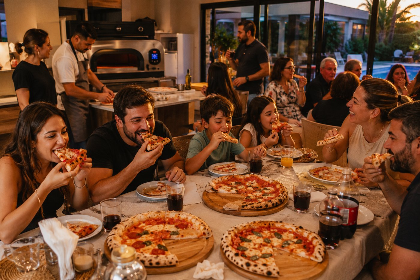 Família reunida comendo pizza em casa